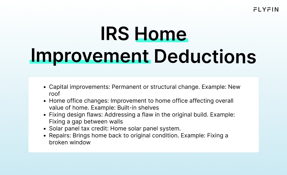 Infographic entitled IRS Home Improvement Deductions listing the different types of tax deductions for home improvements