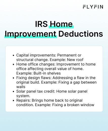 Infographic entitled IRS Home Improvement Deductions listing the different types of tax deductions for home improvements