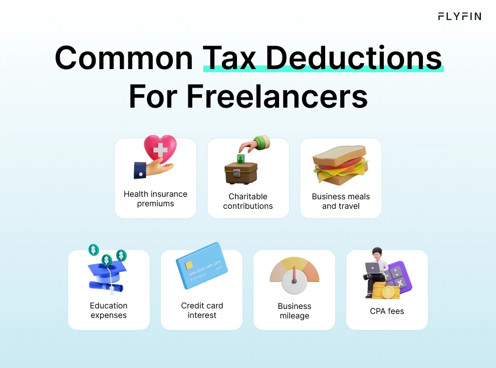 Infographic entitled Common Tax Deductions For Freelancers listing seven write-offs apart from home business tax deductions.