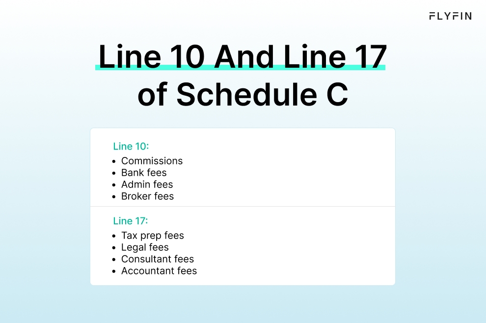 Infographic entitled Line 10 And Line 17 of Schedule C showing the difference in expenses reported when taking the tax preparation fees deduction.