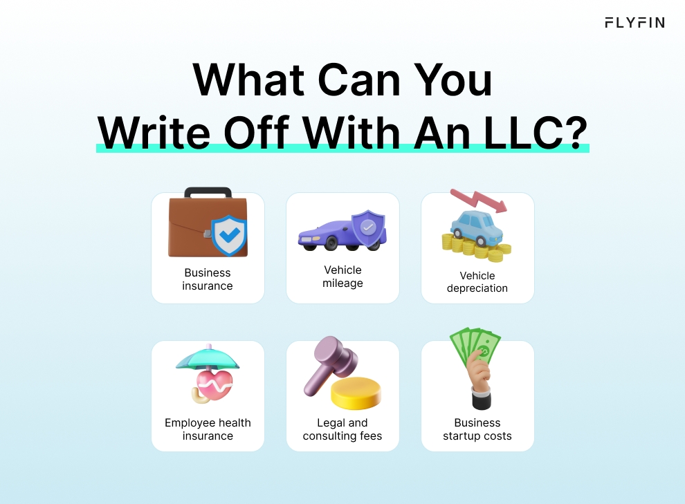 Infographic entitled What Can You Write Off With An LLC listing expenses that are LLC deductions. 