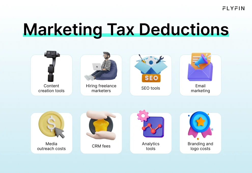 Alt text: Infographic entitled Marketing Tax Deductions listing some marketing expense examples