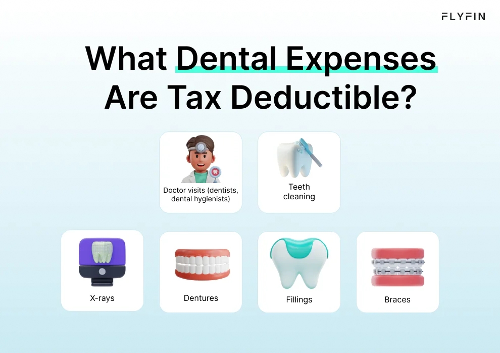 Infographic entitled What Dental Expenses Are Tax Deductible listing dental costs that can be written off.