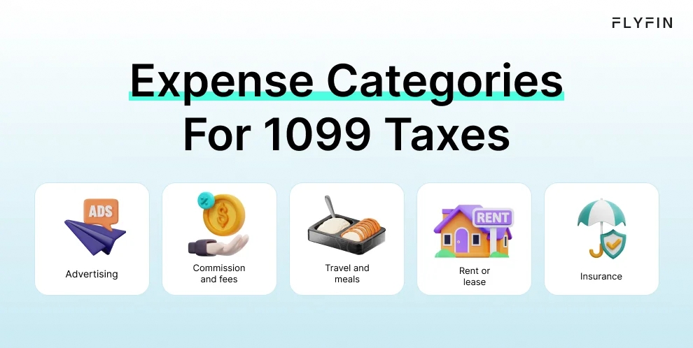 Infographic entitled Expense Categories For 1099 Taxes listing the various IRS business expenses categories for self-employed individuals.