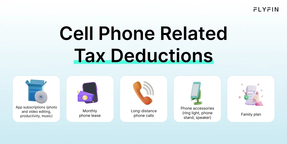 Infographic entitled Cell Phone Related Tax Deductions showing related cell phone deductions that can be reported on IRS Form Schedule C.