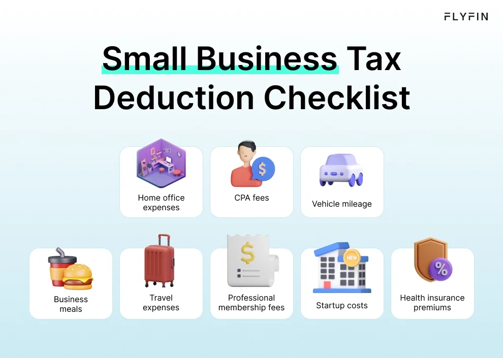 Infographic entitled Small Business Tax Deduction Checklist listing common tax write-offs for self-employed individuals and small business owners.