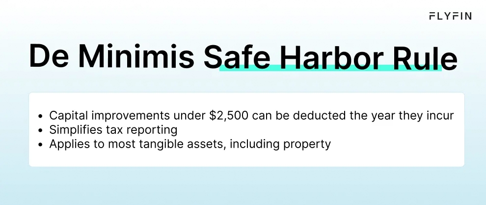 Infographic entitled De Minimis Safe Harbor Rule for landlords taking the rental property improvements depreciation.