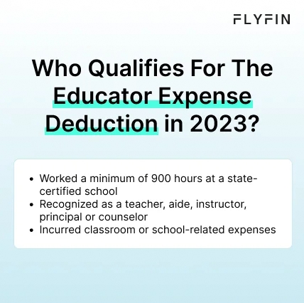 Infographic entitled Who Qualifies For The Educator Expense Deduction in 2023 listing criteria to qualify for the deduction.