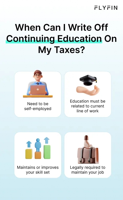 Infographic entitled When Can I Write Off Continuing Education On My Taxes showing how to claim the college tuition tax deduction in 2023.