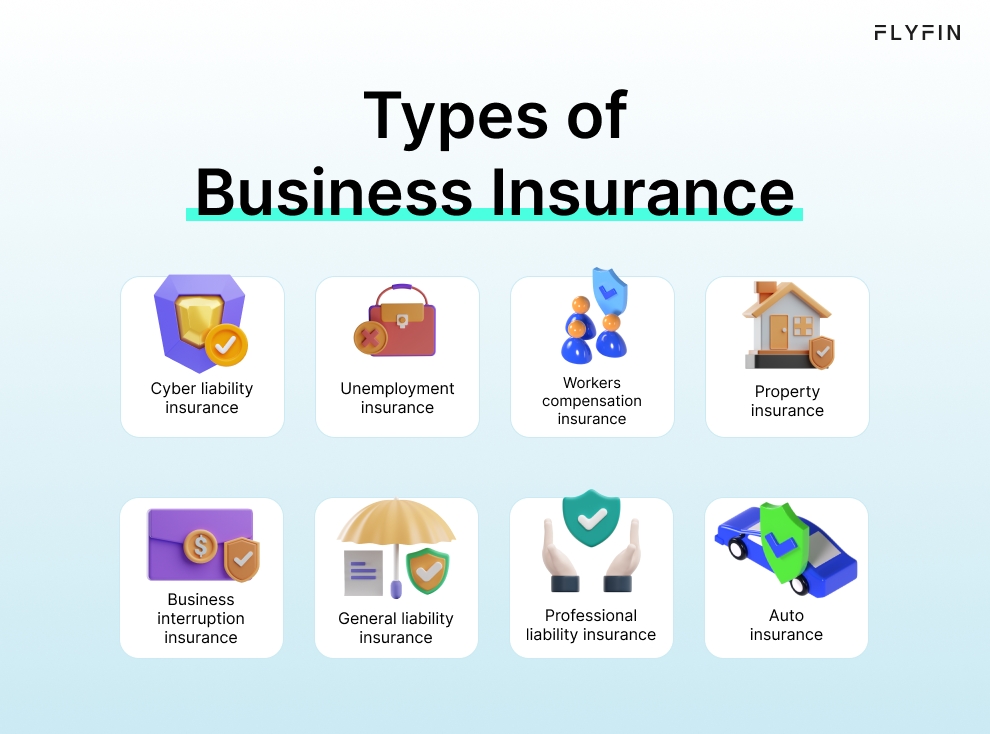 Infographic entitled Types of Business Insurance listing insurance expenses that can be written off from 1099 taxes. 