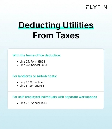 Infographic entitled Deducting Utilities From Taxes listing the different forms to take the utility tax deduction.