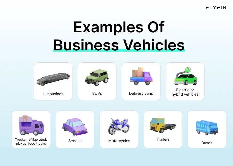 Infographic entitled Examples Of Business Vehicles showing vehicles that can be a car tax write-off.