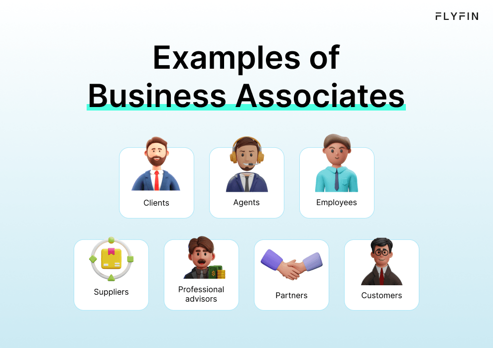 The infographic entitled Examples of Business Associates has different kinds of people for whom you can deduct your business meals.