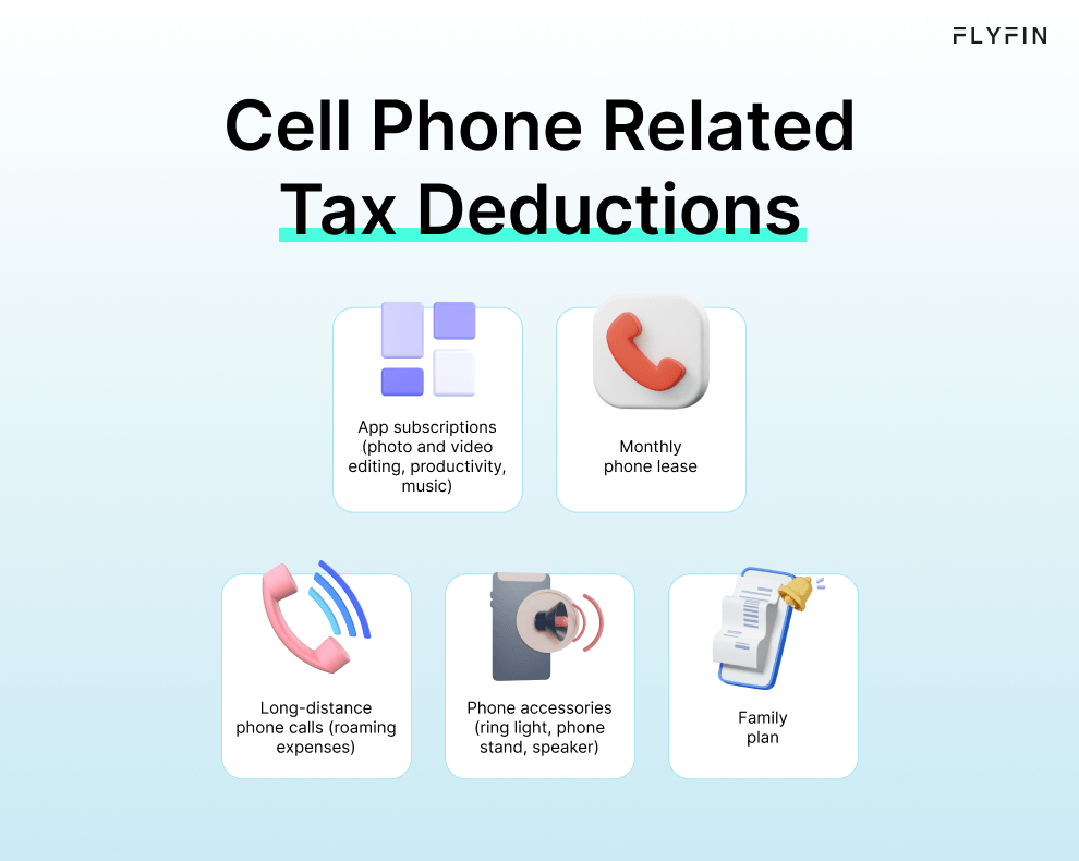 Infographic entitled Cell Phone Related Tax Deductions listing 5 tax deductions related to cell phone usage for self-employed individuals.