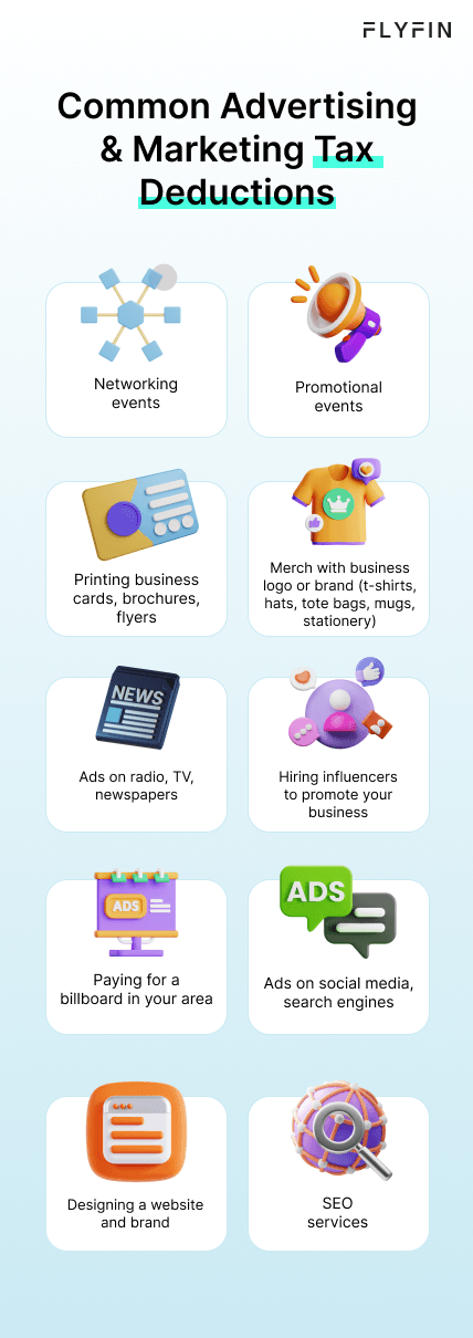 Infographic entitled Common Advertising & Marketing Tax Deductions listing 10 common promotional tax-deductible expenses.