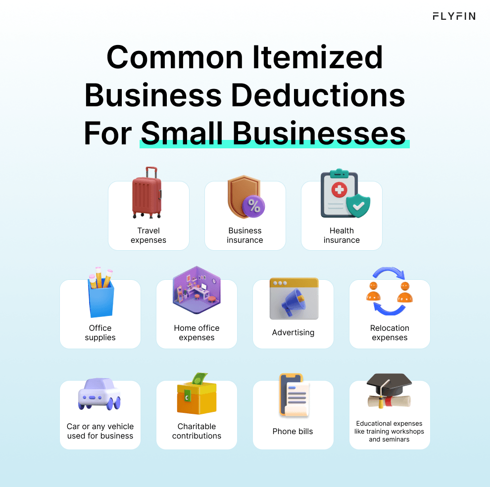 An infographic showing a list of common itemized business deductions that small business owners can write off when filing their taxes