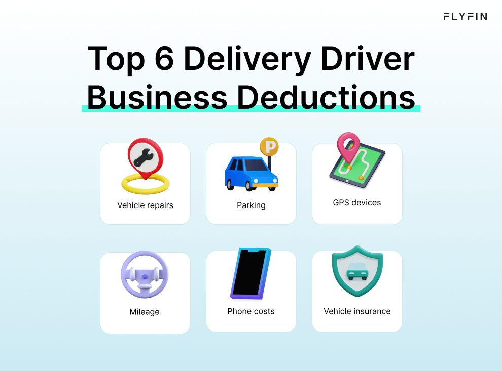 This infographic has the top business tax deductions for delivery drivers, which include write-offs like vehicle repairs, phone costs and insurance.