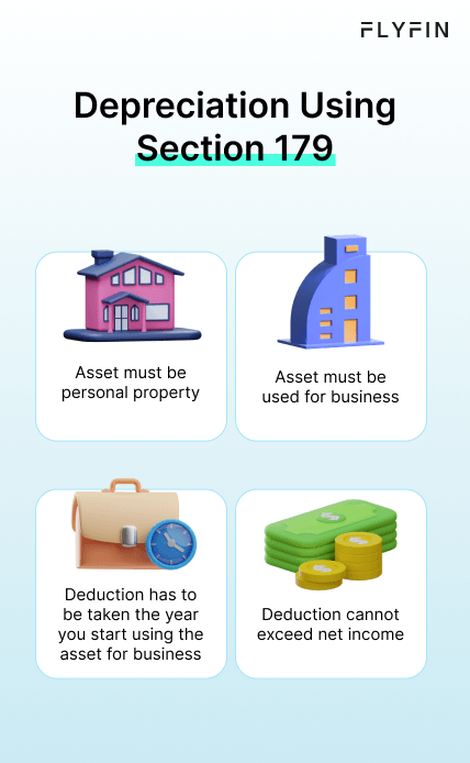 Image explaining depreciation using Section 179 for business assets. Deduction cannot exceed net income. Relevant for self-employed, 1099, and freelancers for taxes.