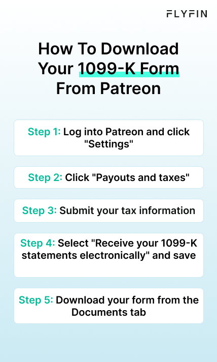Infographic entitled How To Download Your 1099-K Form From Patreon showing the 5-step process to do this.