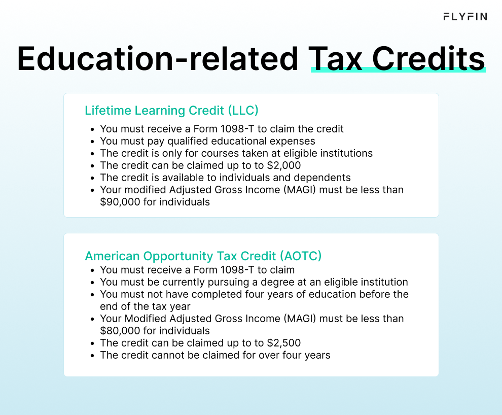 Image describing education-related tax credits - Lifetime Learning Credit (LLC) and American Opportunity Tax Credit (AOTC) with eligibility criteria and credit limits. No mention of self-employment or taxes.