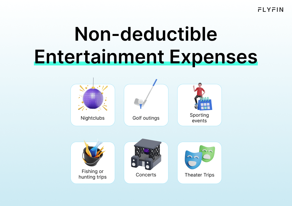 The infographic entitled Non-Deductible Entertainment Expenses include certain kinds of expenses like nightclubs, golf outings, sporting events, etc.