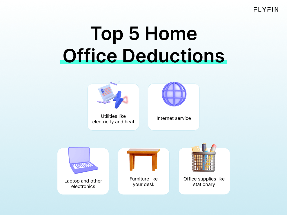Infographic entitled Top 5 Home Office Deductions answering the question "what are deductions" and including utilities, electronics, furniture and office supplies.