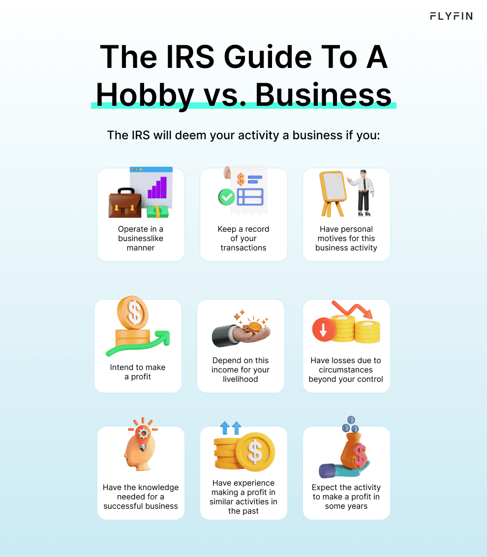 Image depicts IRS guidelines to differentiate between hobby and business activities. Includes criteria like business-like operations, profit intention, record-keeping, and more. Relevant for self-employed, 1099, freelancer, and taxes.