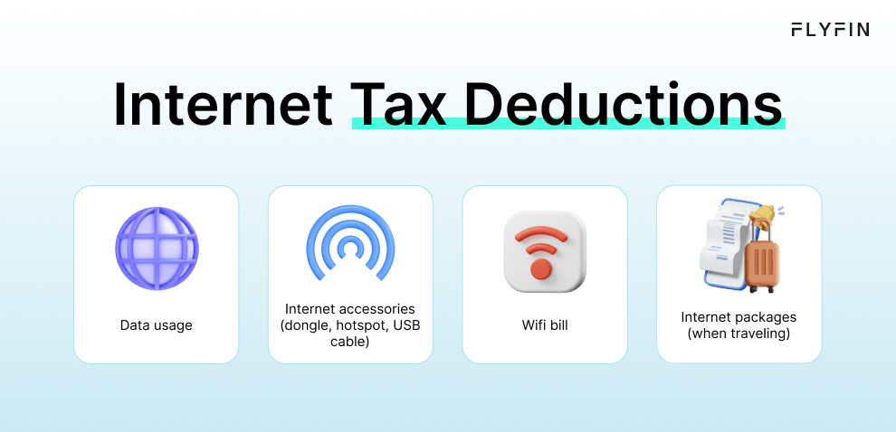 Image listing internet-related expenses such as data usage, wifi bill, internet packages, and accessories like dongle, hotspot, and USB cable. Relevant for self-employed, 1099, and freelancers for tax deductions.
