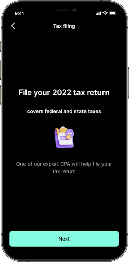 Image showing a screenshot of the FlyFin app's tax filing feature.