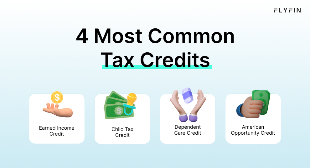 Infographic entitled 4 Most Common Tax Credits answering the question, "what are tax deductions and showing the Earned Income Credit, the Child Tax Credit and others.