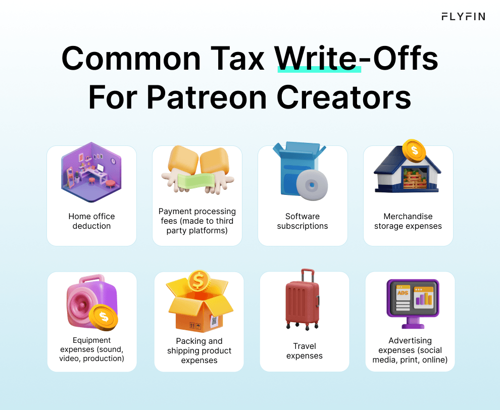Infographic entitled Common Tax Write-offs For Patreon Creators showing 8 common tax deductions creators can use when filing Patreon 1099 forms.