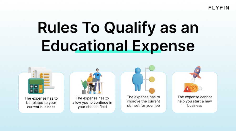 Flyfin image with text explaining rules to qualify educational expenses for self-employed individuals, 1099 workers, and freelancers for tax purposes.