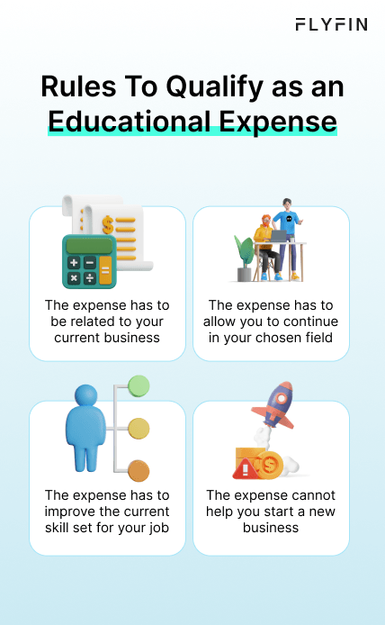 Flyfin image with text explaining rules to qualify educational expenses for self-employed individuals, 1099 workers, and freelancers for tax purposes.