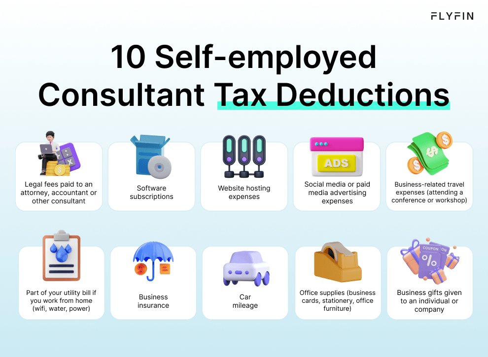 Image showing tax deductions for self-employed consultants including legal fees, utility bills, software subscriptions, business insurance, car mileage, social media advertising, office supplies, business travel expenses, and business gifts.