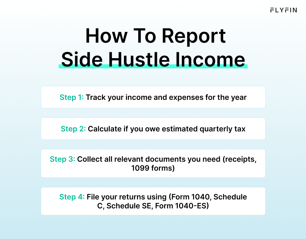A guide on reporting side hustle income for self-employed individuals, freelancers, and those receiving 1099 forms. Includes tracking income and expenses, calculating estimated quarterly taxes, and filing tax returns using Form 1040, Schedule C, Schedule SE, and Form 1040-ES.