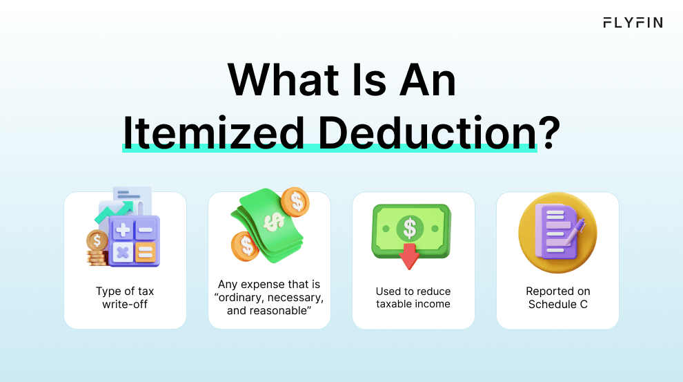 Image explaining itemized deductions for tax write-offs. Includes definition, criteria, and reporting on Schedule C. Relevant for self-employed, 1099, and freelance taxes.