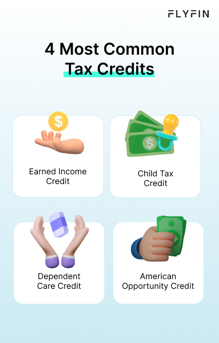 Infographic entitled 4 Most Common Tax Credits answering the question, "what are tax deductions and showing the Earned Income Credit, the Child Tax Credit and others.