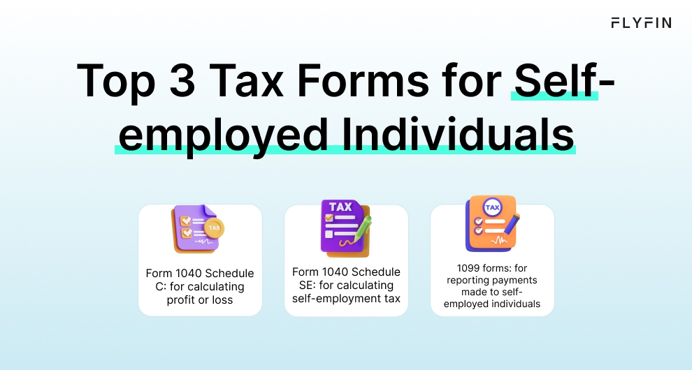 Infographic entitled Top 3 Tax Forms for Self-employed Individuals and showing Form 1040 Schedule C,Form 1040 Schedule SE and 1099 forms.