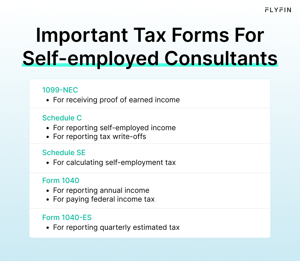 Image with text listing important tax forms for self-employed consultants including 1099-NEC, Schedule C, Schedule SE, Form 1040, and Form 1040-ES for reporting income, calculating taxes, and claiming write-offs.