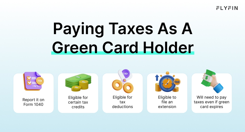  Infographic entitled Paying Taxes As A Green Card Holder showing 5 things every green card holder in the U.S.A. show know when paying income tax.