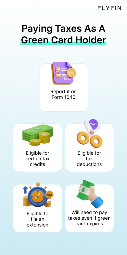  Infographic entitled Paying Taxes As A Green Card Holder showing 5 things every green card holder in the U.S.A. show know when paying income tax.