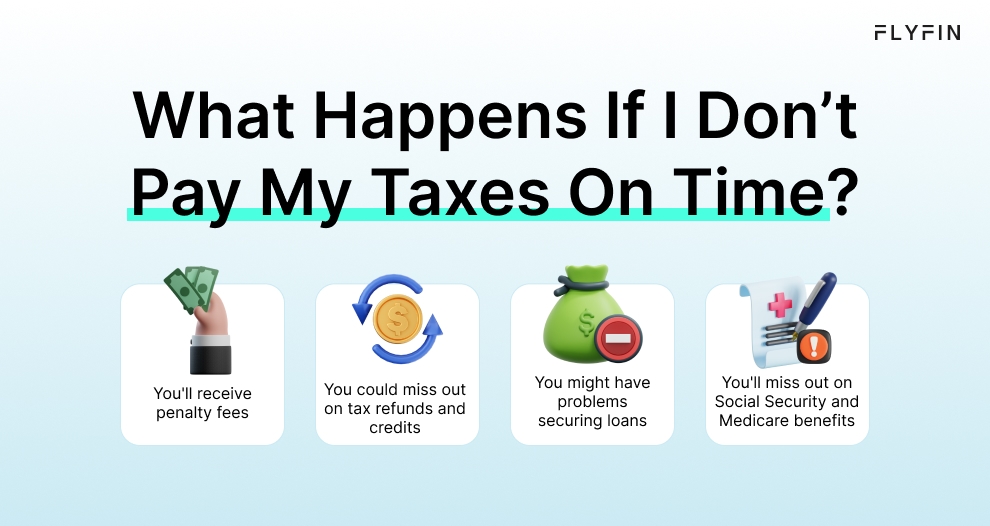 Infographic entitled What Happens If I Don’t Pay My Taxes On Time? showing 4 consequences of what happens if you don’t pay taxes on time and have to file back taxes