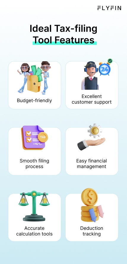Infographic entitled Ideal Tax-filing Tool Features, showing qualities such as a 1099 calculator, budget-friendly, excellent customer support and a smooth filing process.