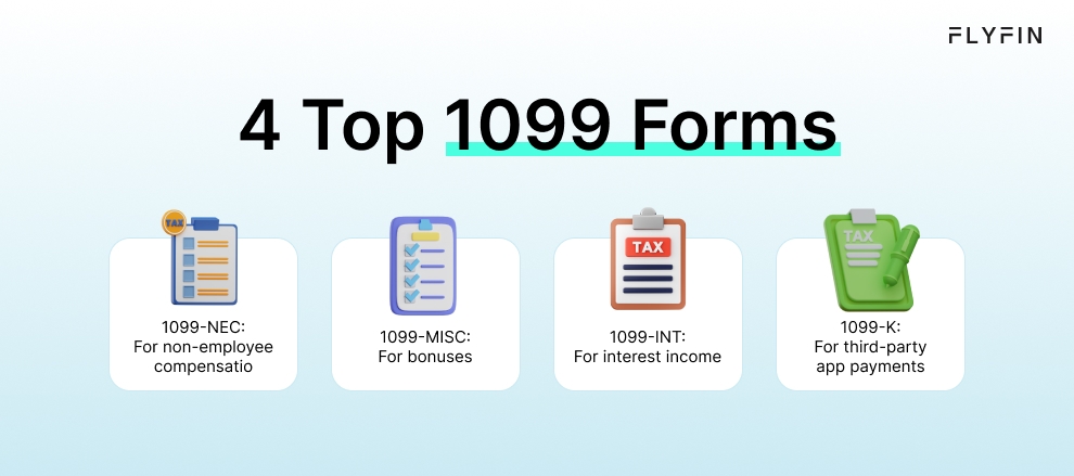Infographic entitled 4 Top 1099 Forms, showing forms for freelancers including the 1099-NEC, 1099-MISC, 1099-INT and 1099-K.