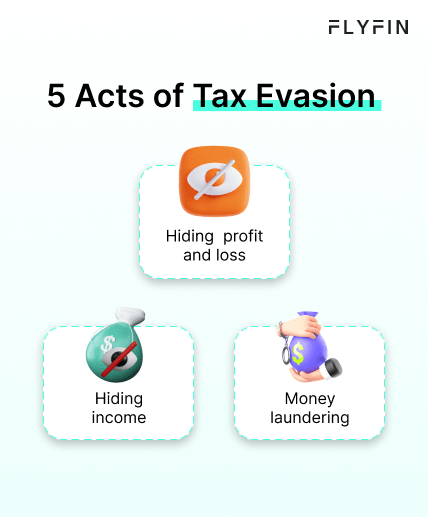 Alt text: Image with text "FLY FIN" and 5 acts of tax evasion - hiding profit and loss, income, and money laundering. Relevant for self-employed, 1099, and freelancers dealing with taxes.