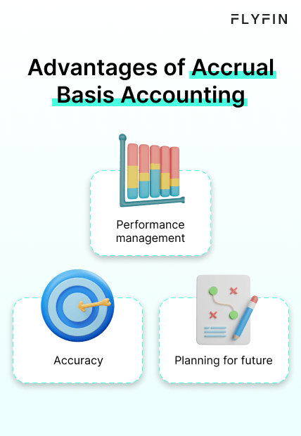 Image with text about the advantages of accrual basis accounting for performance management, accuracy, and future planning. No mention of self-employment, 1099, freelancer, or taxes.