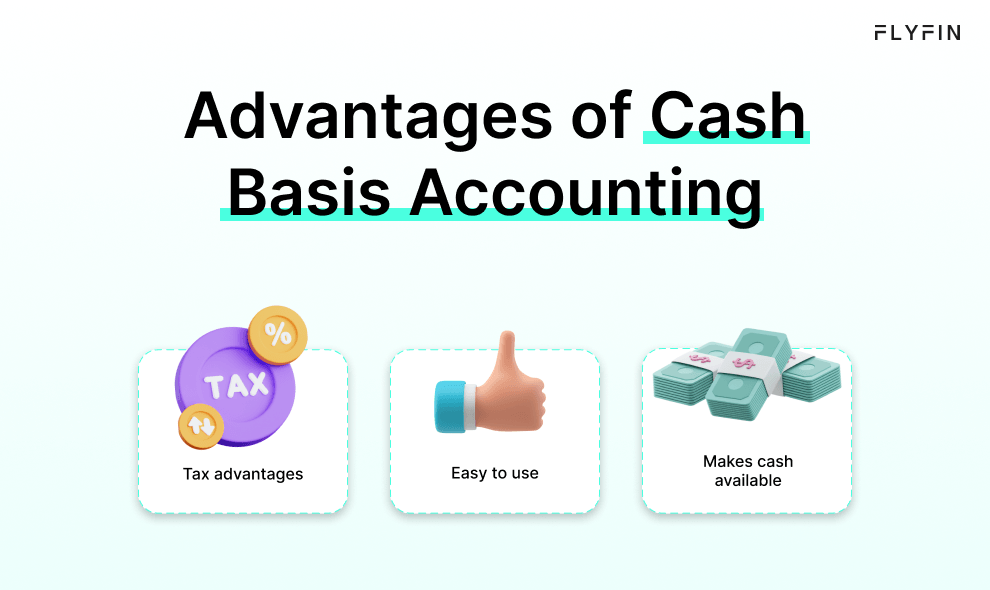 Alt text: Image displaying the advantages of cash basis accounting with FLYFIN. Tax benefits, ease of use and availability of cash are highlighted. Suitable for self-employed, 1099 and freelance workers.