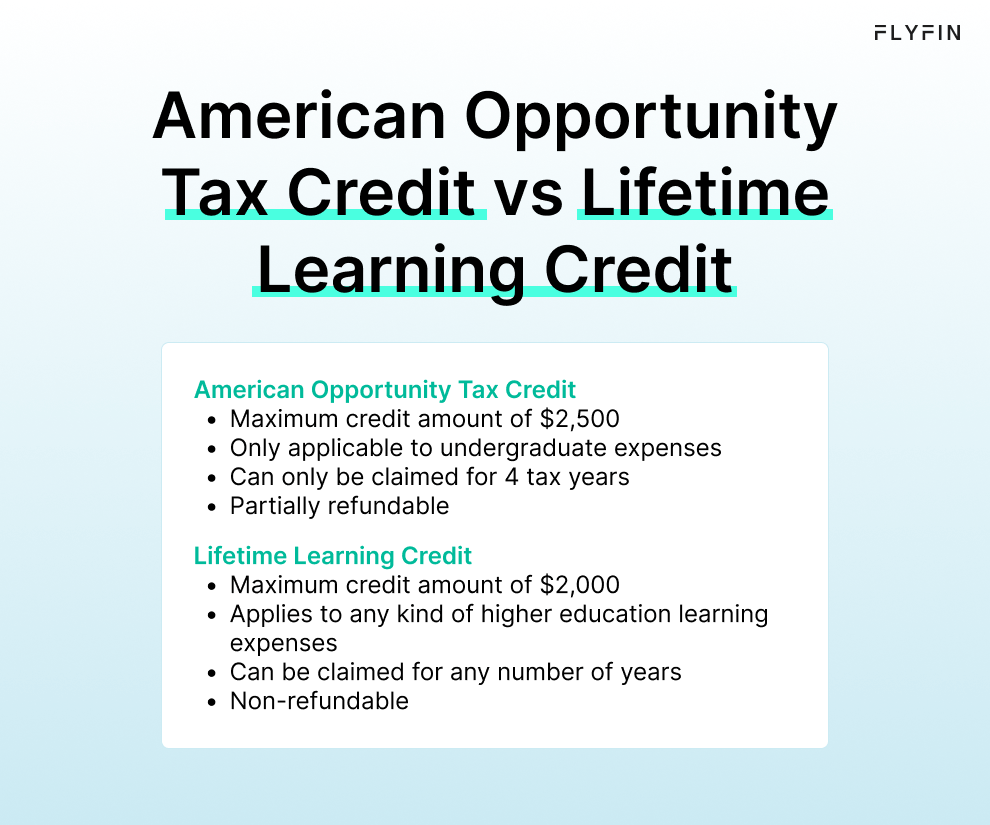 Infographic entitled American Opportunity Tax Credit vs Lifetime Learning Credit highlighting four main differences between the education tax credits.
