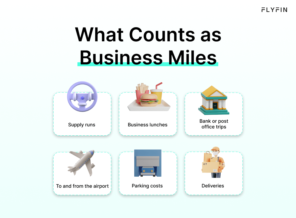 Alt text: Flyfin image with text listing various activities that count as business miles, including supply runs, bank trips, parking costs, business lunches, airport travel, and deliveries. Useful for self-employed, 1099, and freelance workers for tax purposes.