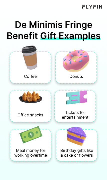 Alt text: Flyfin image listing examples of De Minimis Fringe Benefits including coffee, office snacks, meal money for overtime, donuts, entertainment tickets, and birthday gifts. No mention of self-employment, 1099, freelancer, or taxes.
